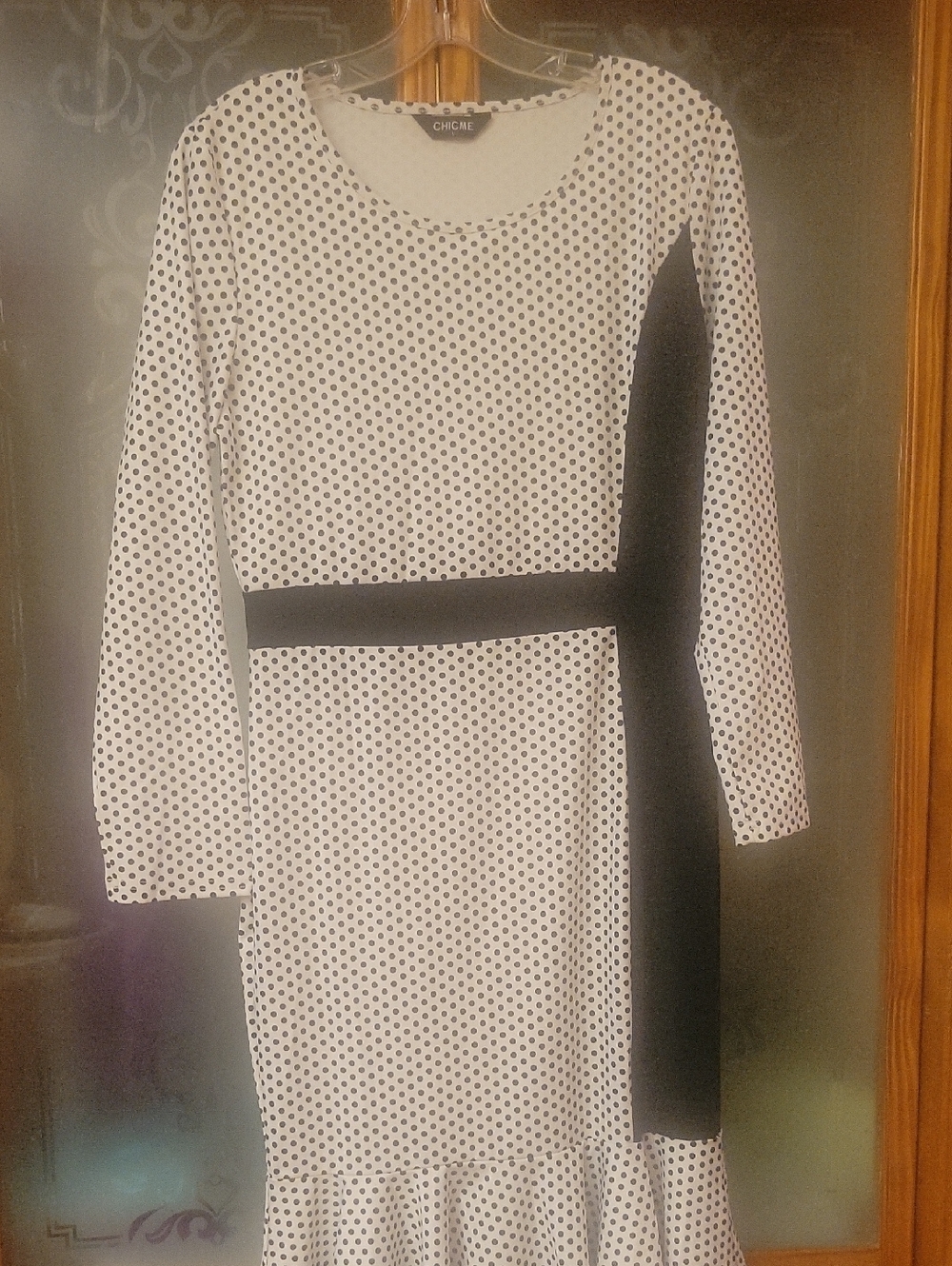 chic White and Black Polka Dot Long Sleeve Midi Dress Never Worn